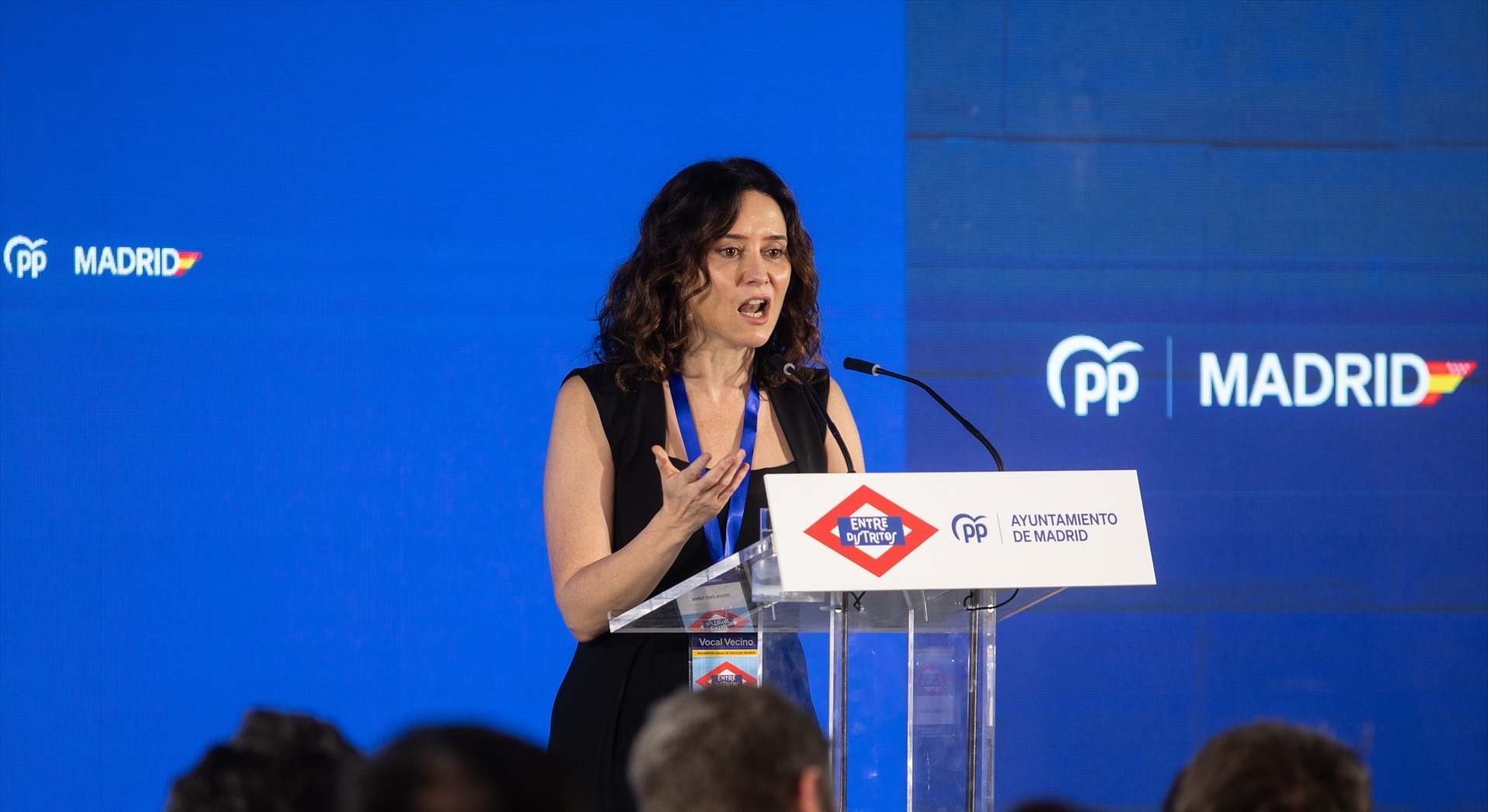 La presidenta de la Comunidad de Madrid y presidenta del PP de Madrid, Isabel Díaz Ayuso, interviene durante las I Jornadas Entre Distritos del PP de Madrid